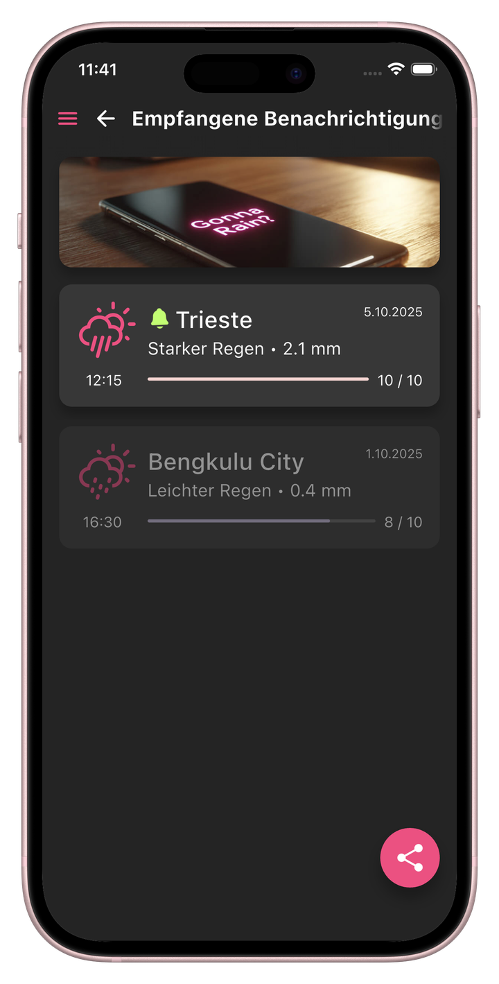 Bildschirm mit Regenbenachrichtigungen