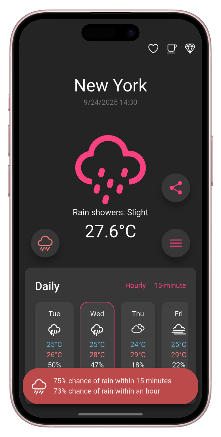Main weather forecast screen in dark mode