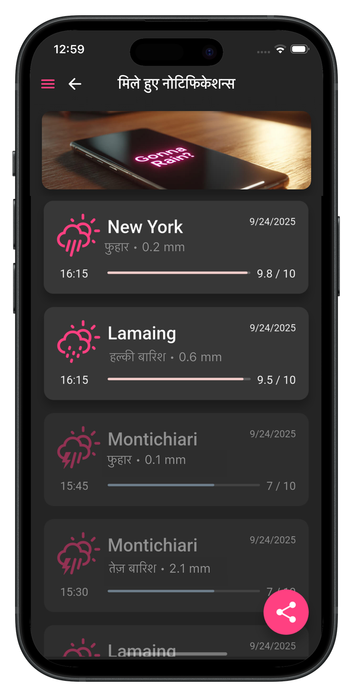 Rain notifications screen