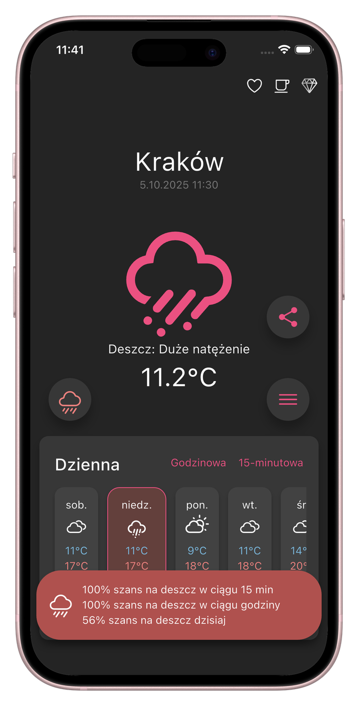 Główny ekran prognozy pogody w trybie ciemnym