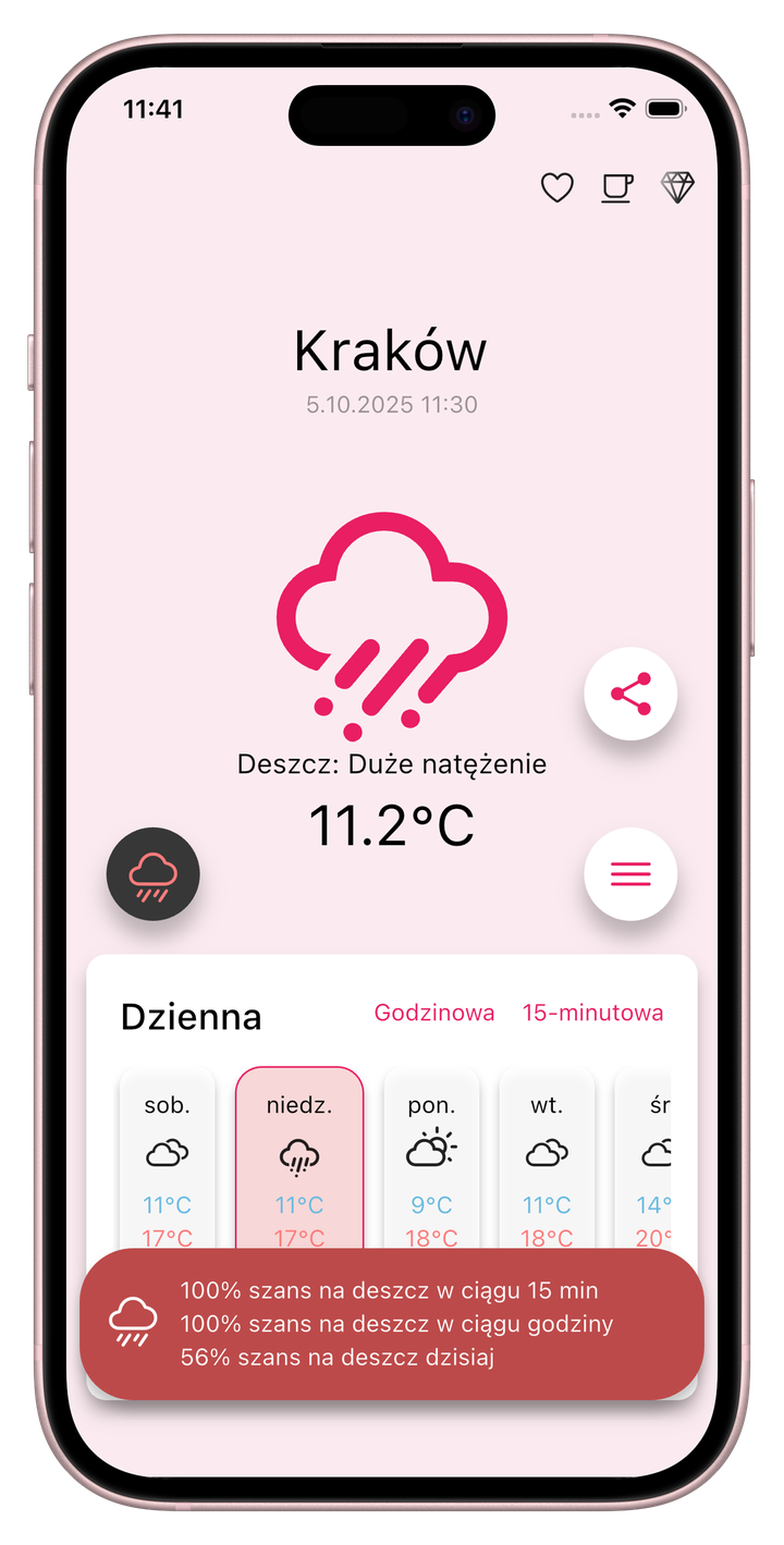 Główny ekran prognozy pogody w trybie jasnym